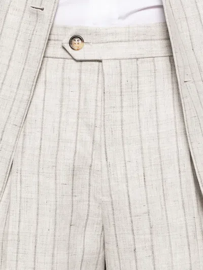 Brunello Cucinelli Striped Linen Double-breasted Suit Jacket In Gray