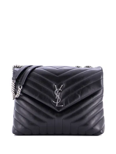 Pre-owned Saint Laurent Loulou Matelasse Chevron Leather Medium Shoulder Bag In Black