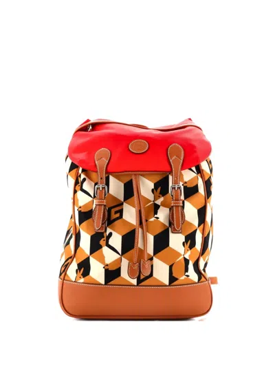 Pre-owned Gucci Interlocking G Patch Flap Buckle Printed Nylon With Canvas And Leather Backpack In Brown