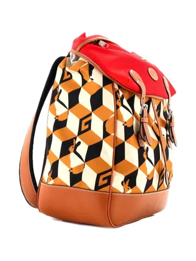 Pre-owned Gucci Interlocking G Patch Flap Buckle Printed Nylon With Canvas And Leather Backpack In Brown