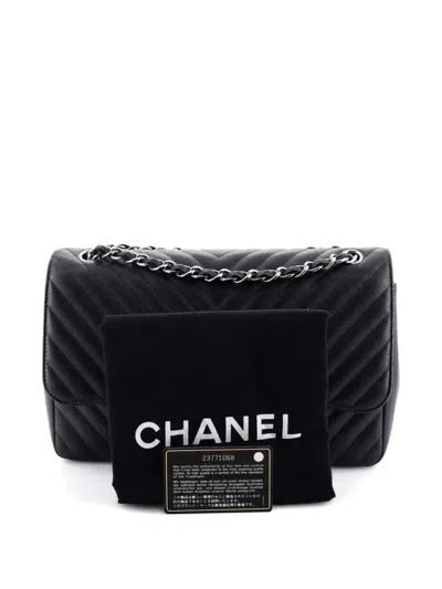Pre-owned Chanel Classic Double Flap Bag Chevron Caviar Jumbo Shoulder Bag In Black