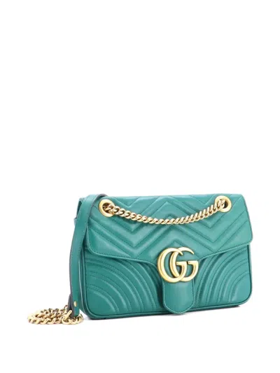 Pre-owned Gucci Gg Marmont Flap Bag Matelasse Leather Medium Shoulder Bag In Green