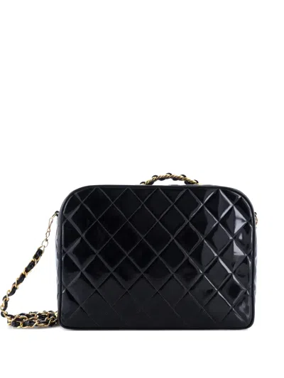 Pre-owned Chanel Chain Lunch Box Bag Quilted Patent Large Satchel In Black