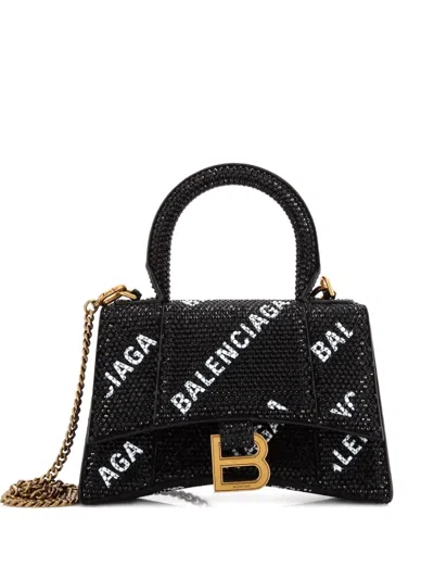 Pre-owned Balenciaga Hourglass Top Handle Bag Suede And Allover Logo Crystals Xs Satchel In Black