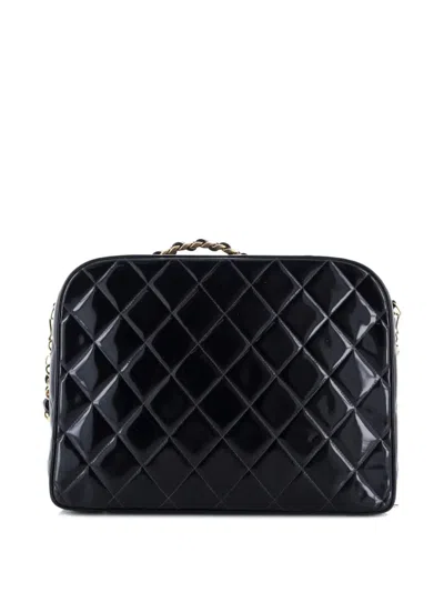 Pre-owned Chanel Chain Lunch Box Bag Quilted Patent Large Satchel In Black