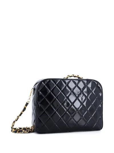 Pre-owned Chanel Chain Lunch Box Bag Quilted Patent Large Satchel In Black
