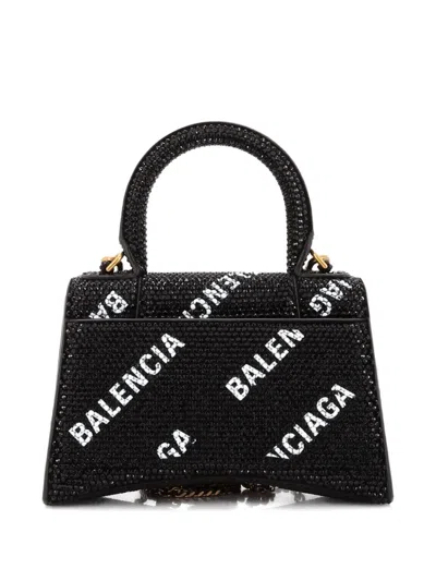 Pre-owned Balenciaga Hourglass Top Handle Bag Suede And Allover Logo Crystals Xs Satchel In Black