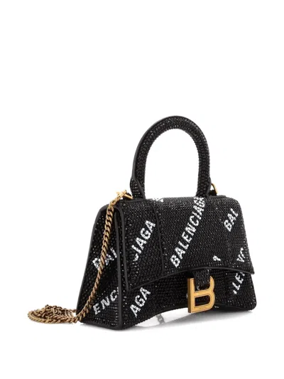 Pre-owned Balenciaga Hourglass Top Handle Bag Suede And Allover Logo Crystals Xs Satchel In Black
