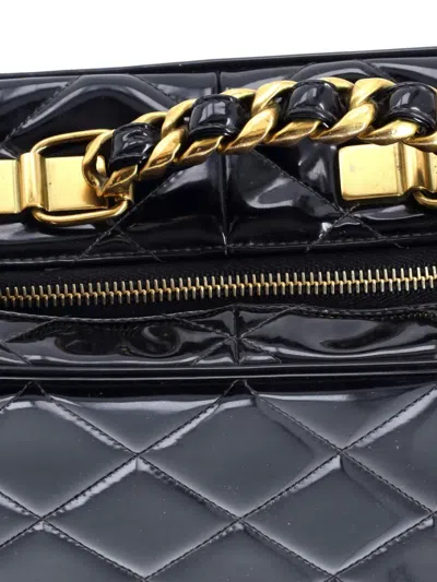 Pre-owned Chanel Chain Lunch Box Bag Quilted Patent Large Satchel In Black