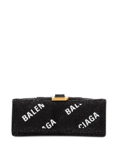 Pre-owned Balenciaga Hourglass Top Handle Bag Suede And Allover Logo Crystals Xs Satchel In Black