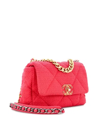 Pre-owned Chanel 19 Flap Bag Quilted Tweed Medium Crossbody Bag In Pink