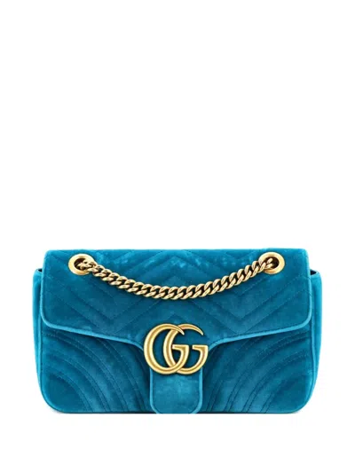 Pre-owned Gucci Gg Marmont Flap Bag Matelasse Velvet Small Shoulder Bag In Blue