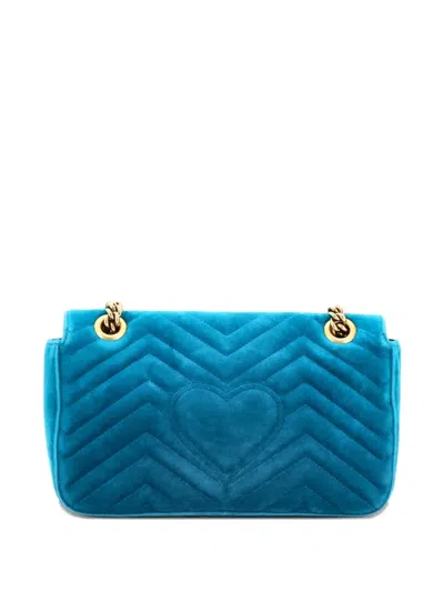 Pre-owned Gucci Gg Marmont Flap Bag Matelasse Velvet Small Shoulder Bag In Blue