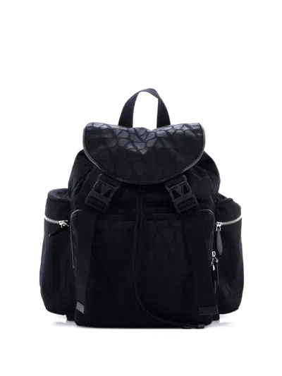 Pre-owned Valentino Garavani Double Buckle Toile Iconograph Nylon Backpack In Black