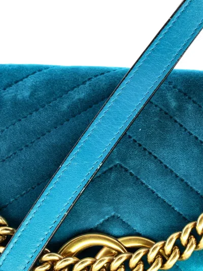 Pre-owned Gucci Gg Marmont Flap Bag Matelasse Velvet Small Shoulder Bag In Blue
