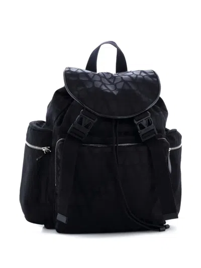 Pre-owned Valentino Garavani Double Buckle Toile Iconograph Nylon Backpack In Black