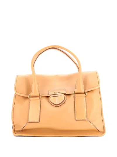 Pre-owned Prada Pushlock Flap Leather Large Tote Bag In Neutral