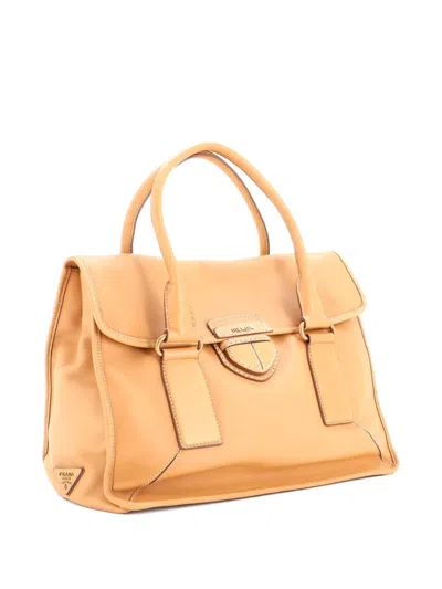 Pre-owned Prada Pushlock Flap Leather Large Tote Bag In Neutral