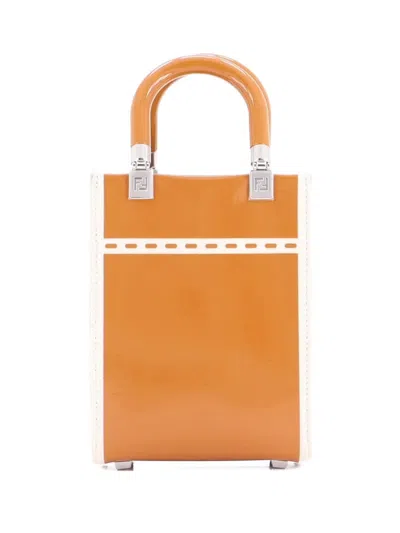 Pre-owned Fendi Sunshine Shopper Tote Patent And Canvas Mini Crossbody Bag In Brown