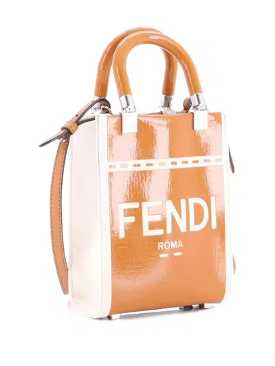 Pre-owned Fendi Sunshine Shopper Tote Patent And Canvas Mini Crossbody Bag In Brown