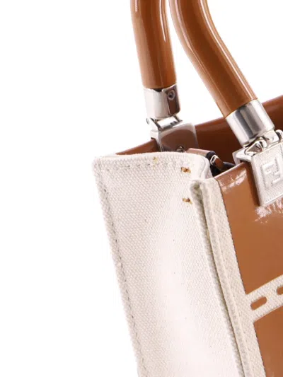 Pre-owned Fendi Sunshine Shopper Tote Patent And Canvas Mini Crossbody Bag In Brown