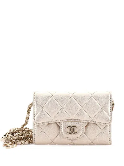 Pre-owned Chanel Classic Flap Chain Quilted Metallic Lambskin Mini Belt Bag In Gold