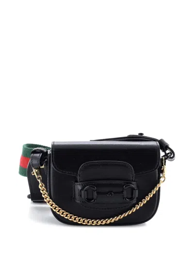 Pre-owned Gucci Horsebit 1955 Flap Wallet With Strap Leather Crossbody Bag In Black