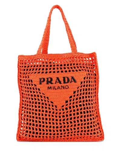 Pre-owned Prada Triangle Logo Open Raffia Tote Bag In Orange