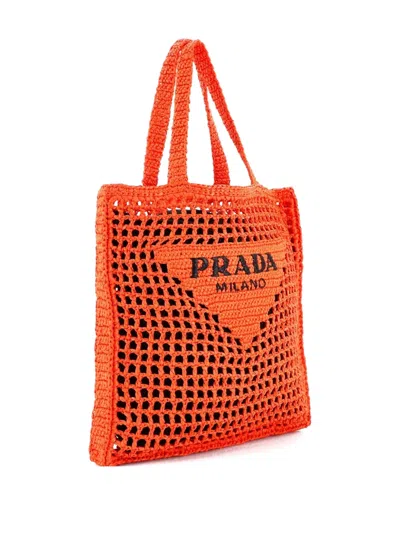 Pre-owned Prada Triangle Logo Open Raffia Tote Bag In Orange