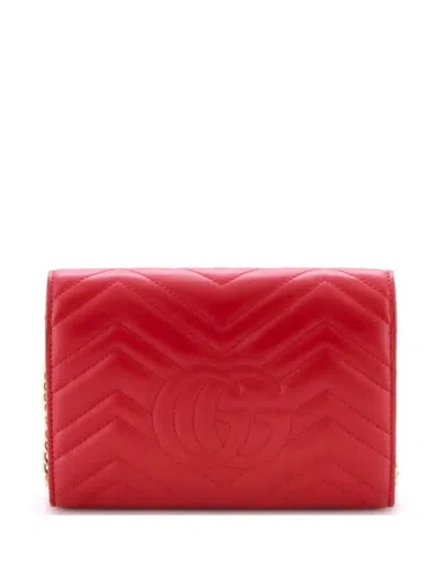 Pre-owned Gucci Gg Marmont Chain Wallet Matelasse Leather Mini Crossbody Bag In Red