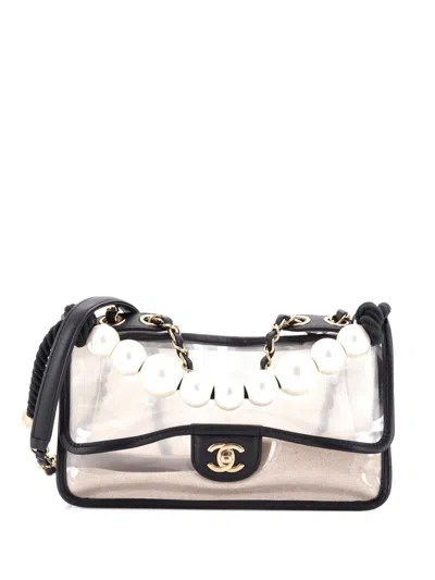 Pre-owned Chanel Sand By The Sea Pearl Flap Bag Pvc With Lambskin Medium Shoulder Bag In Black