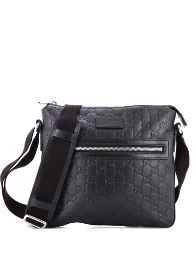 Pre-owned Gucci Signature Zip Messenger Bag Ssima Leather Small Crossbody Bag In Black