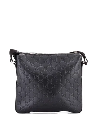 Pre-owned Gucci Signature Zip Messenger Bag Ssima Leather Small Crossbody Bag In Black