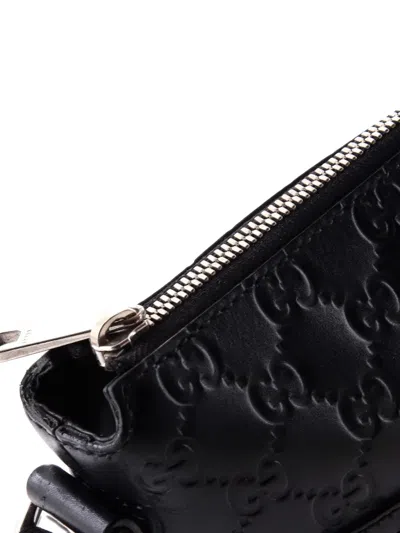 Pre-owned Gucci Signature Zip Messenger Bag Ssima Leather Small Crossbody Bag In Black