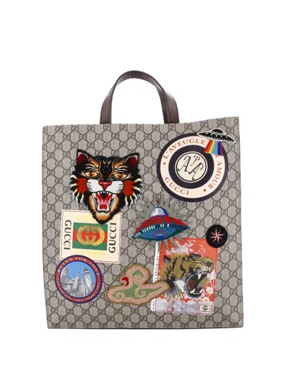 Pre-owned Gucci Courrier Convertible Soft Open Gg Coated Canvas With Applique North South Tote Bag In Brown