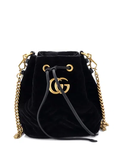 Pre-owned Gucci Gg Marmont Matelasse Velvet Small Bucket Bag In Black