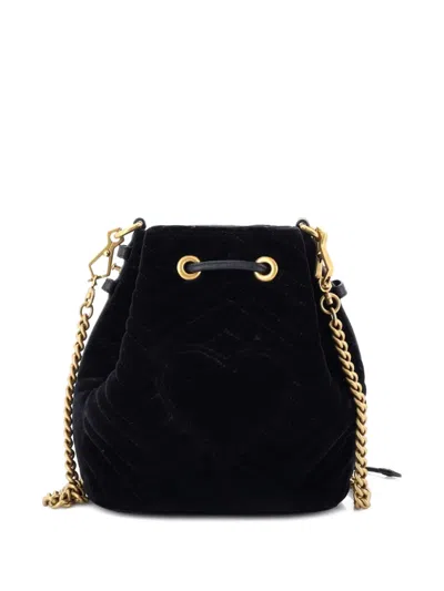 Pre-owned Gucci Gg Marmont Matelasse Velvet Small Bucket Bag In Black