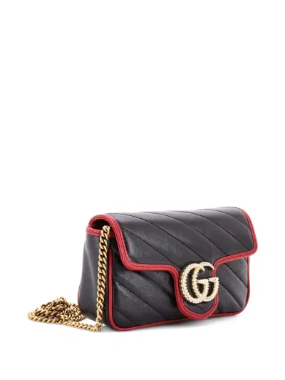Pre-owned Gucci Gg Marmont Flap Bag Diagonal Quilted Leather Super Mini Crossbody Bag In Black