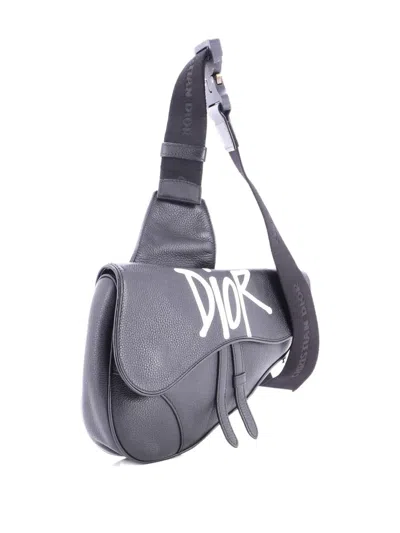Pre-owned Dior Shawn Stussy Saddle Printed Leather Crossbody Bag In Black