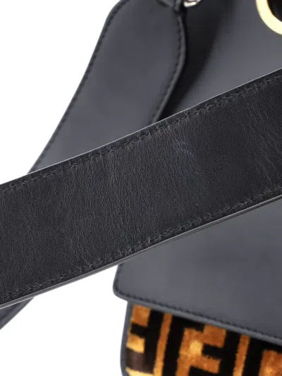 Pre-owned Fendi Kan I F Leather And Zucca Velvet Medium Shoulder Bag In Black