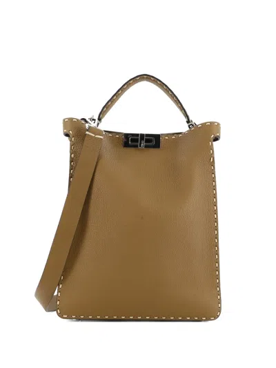 Pre-owned Fendi Selleria Iseeu X-lite Bag Leather Small Tote Bag In Brown