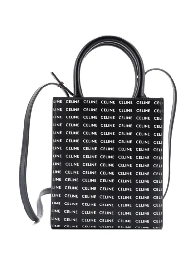 Pre-owned Celine Vertical Cabas All Over Logo Print Leather Mini Tote Bag In Black