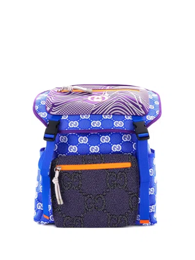 Pre-owned Gucci Panelled Double Buckle Gg Jacquard Nylon And Rubber Large Backpack In Blue