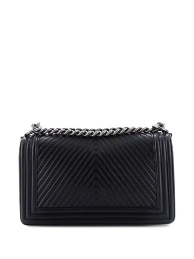 Pre-owned Chanel Boy Flap Bag Chevron Wrinkled Lambskin Old Medium Shoulder Bag In Black