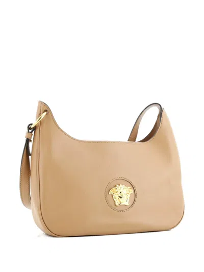 Pre-owned Versace La Medusa Leather Medium Hobo Bag In Brown