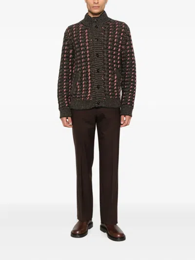 Canali Patterned Alpaca And Wool Blend Macro Jacquard Cardigan In Brown