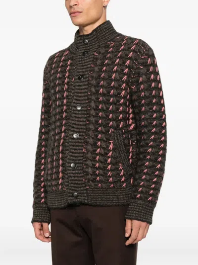 Canali Patterned Alpaca And Wool Blend Macro Jacquard Cardigan In Brown