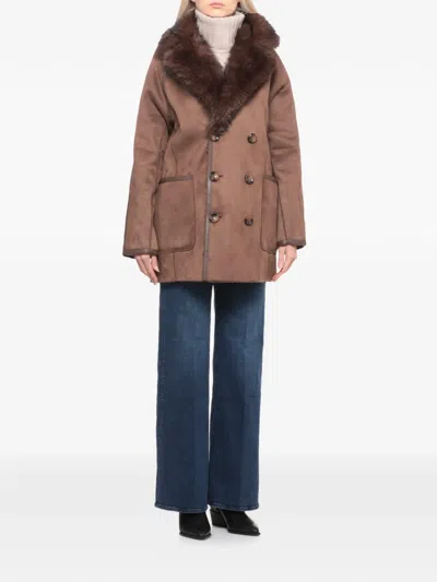 Betta Corradi Faux-fur Collar Double-breasted Coat In Brown