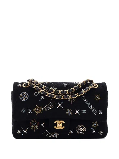 Pre-owned Chanel Classic Double Flap Bag Quilted Tweed With Faux Pearls And Crystals Medium Shoulder Bag In Black