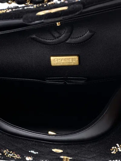 Pre-owned Chanel Classic Double Flap Bag Quilted Tweed With Faux Pearls And Crystals Medium Shoulder Bag In Black